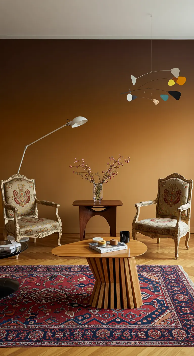 Antique chairs and a modern mobile in a room with a brown ombre accent wall.