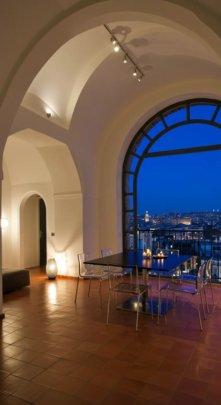 A modern dining set with transparent chairs in front of an arched window overlooking a city.