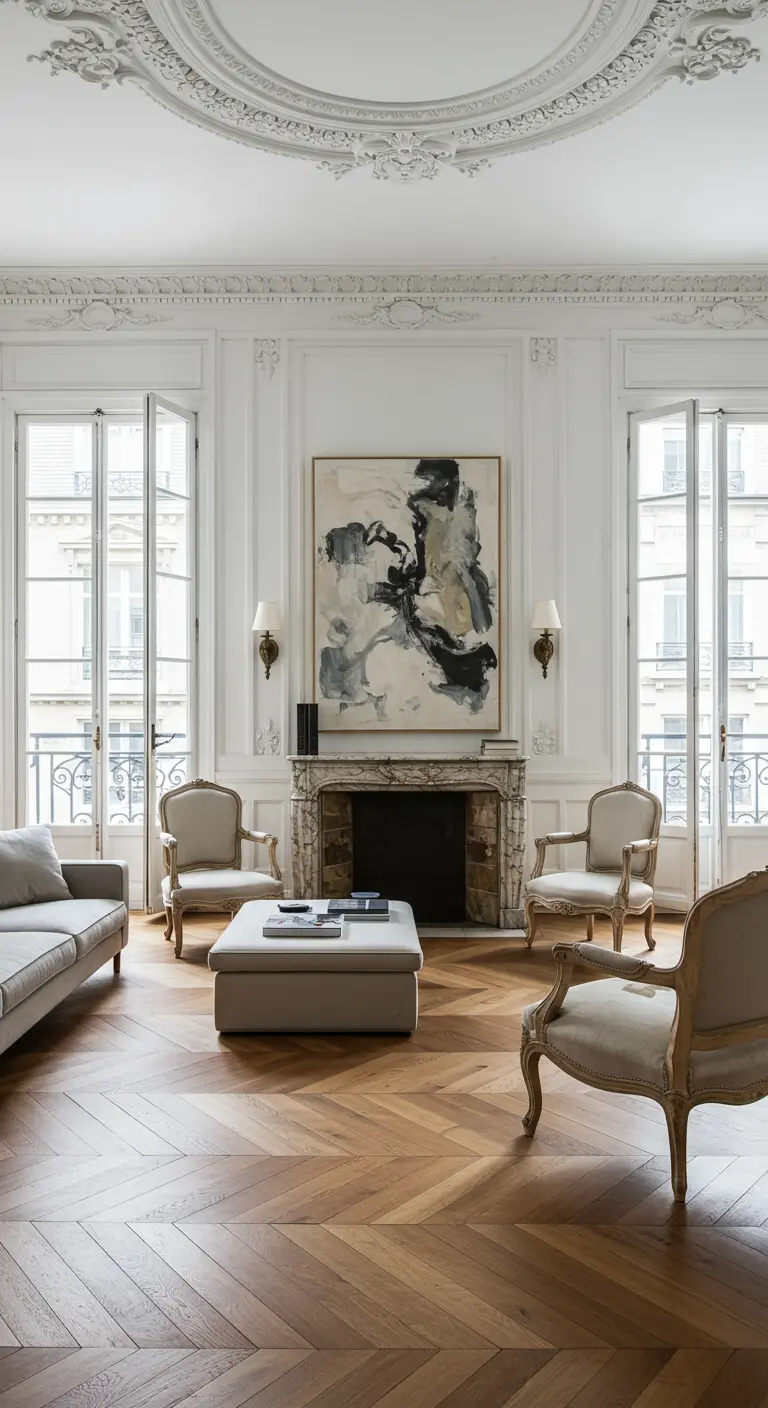 Parisian-style living room with herringbone floors, marble fireplace, and large abstract painting.