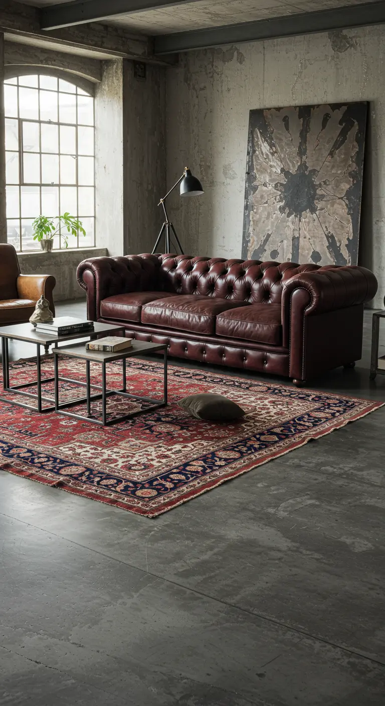 Industrial loft with a leather Chesterfield sofa, a large abstract painting, and a concrete floor.