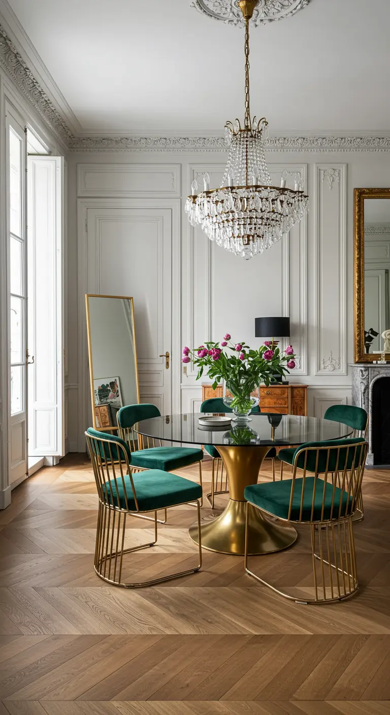 Glass table with green velvet chairs under a crystal chandelier in a Parisian apartment.