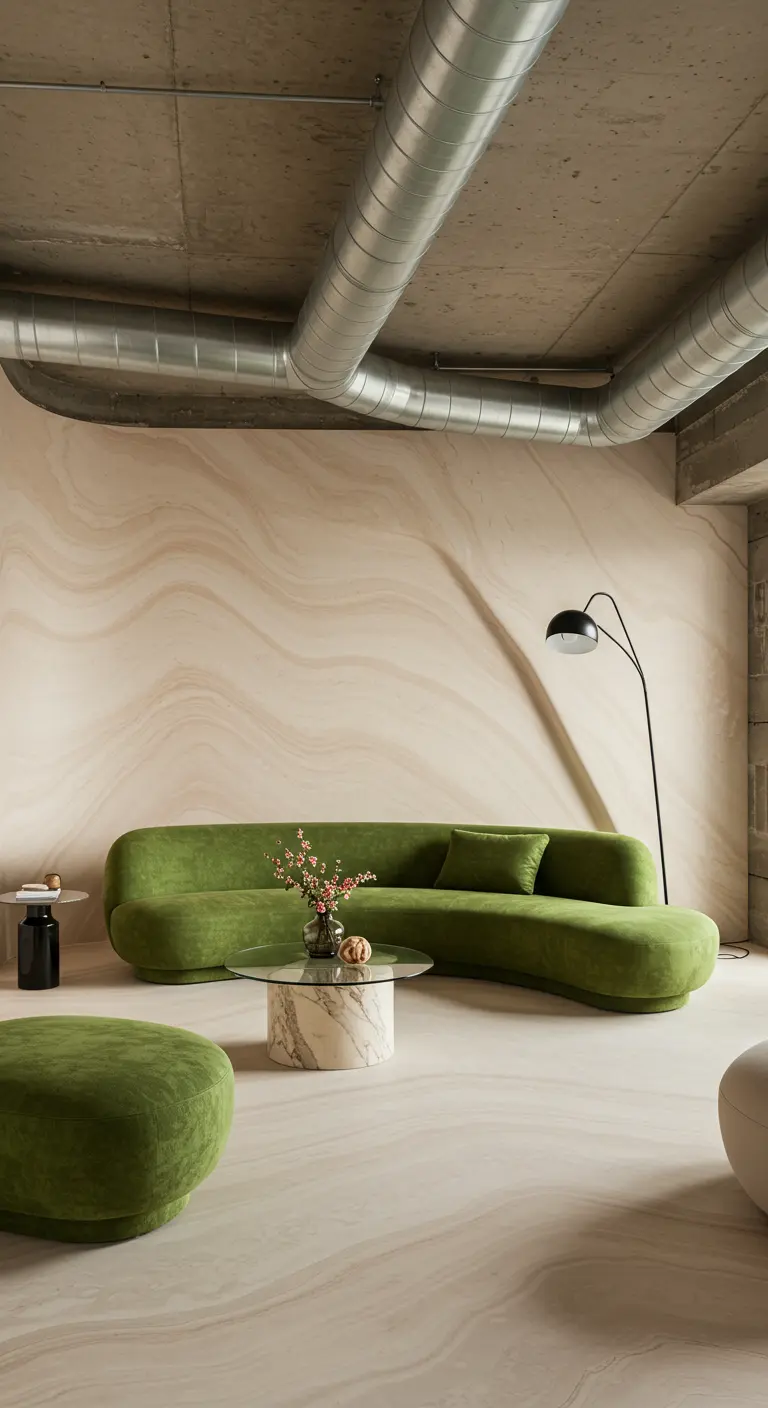Loft with concrete ceiling, a curved green sofa, and a sand-toned wavy marble wall.
