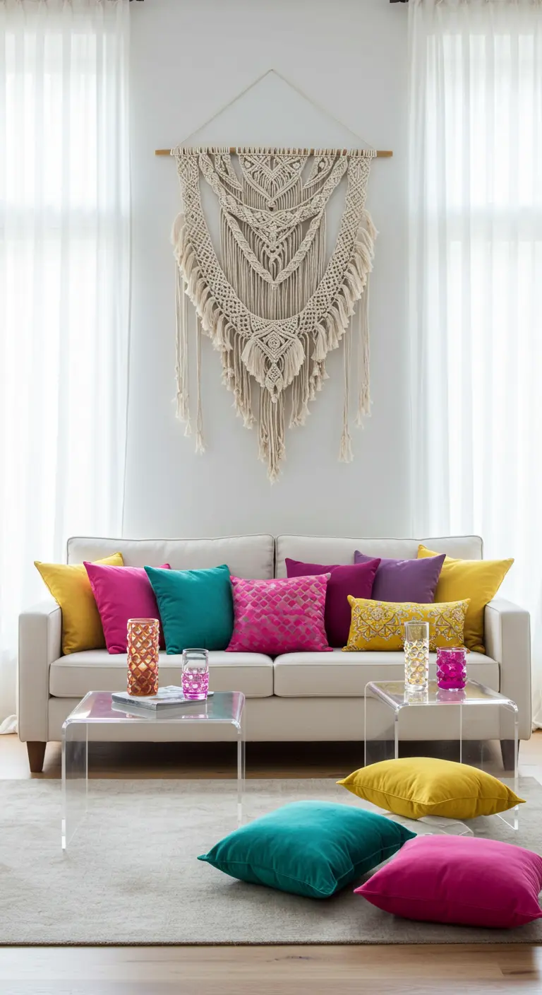 Bright room with jewel-toned pillows, a macramé hanging, and modern acrylic coffee tables.