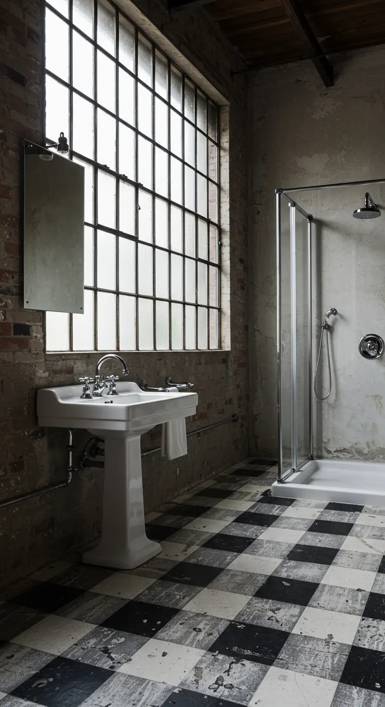 Industrial loft bathroom with raw concrete walls and a large factory window.