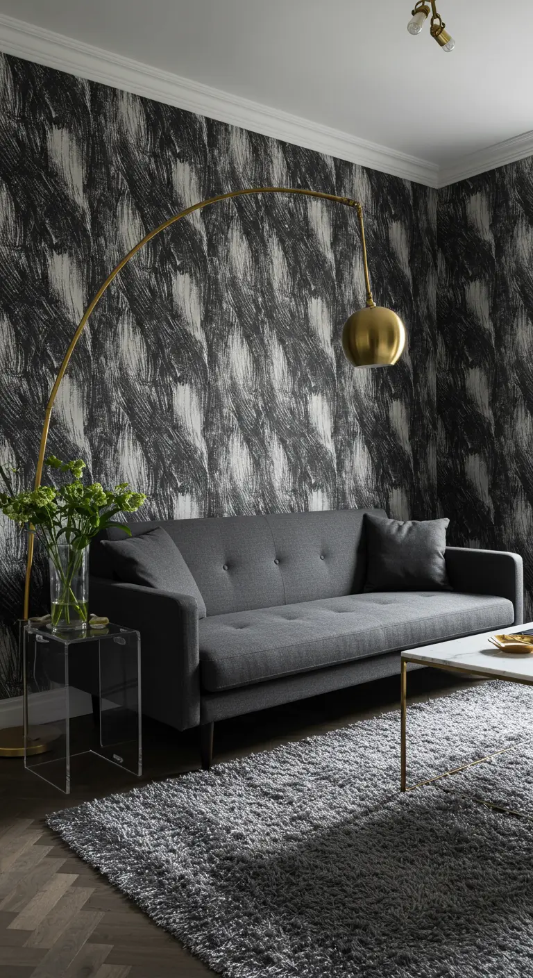 Charcoal gray sofa against a black and white abstract wallpaper with a large brass arc lamp.