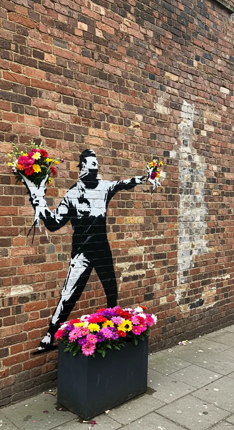 A Banksy-style mural on a brick wall, with a planter of bright, colorful flowers in front of it.