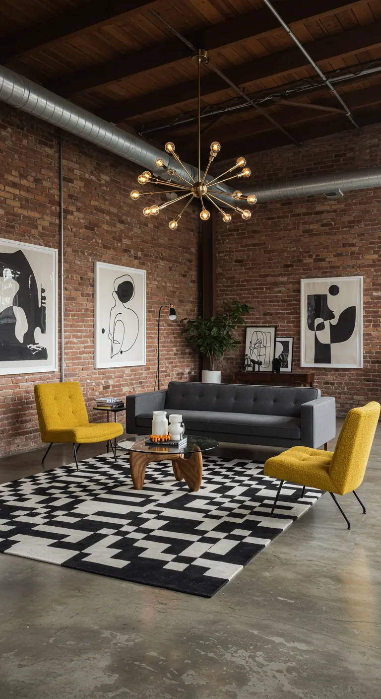 Industrial loft living room with exposed brick, yellow chairs, and a black and white geometric rug.