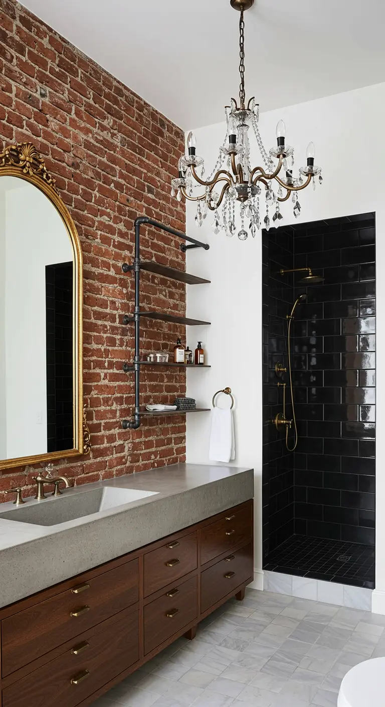 A bathroom pairing a red brick wall with a crystal chandelier and an ornate gold mirror.