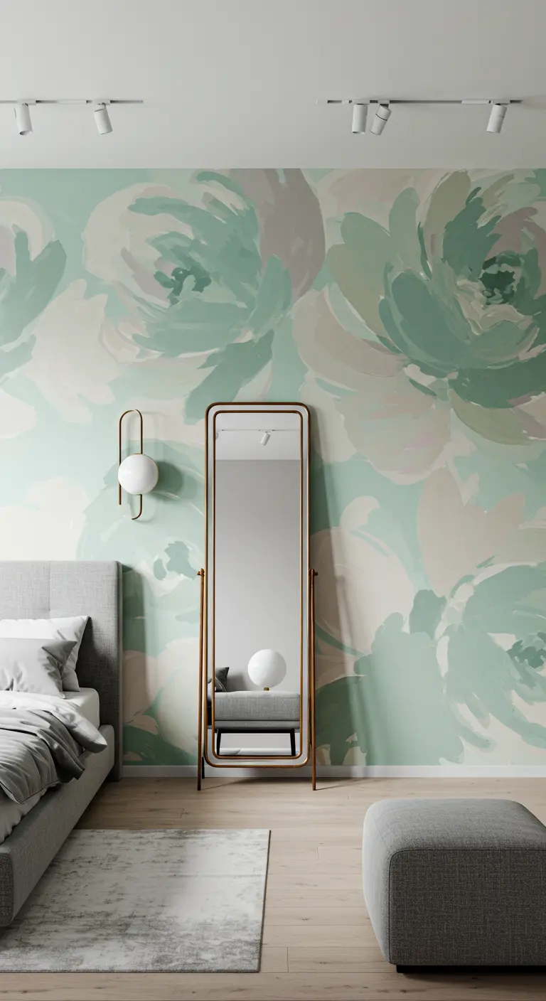 Modern bedroom with a mint green abstract floral mural, a grey bed, and a sleek brass floor mirror.