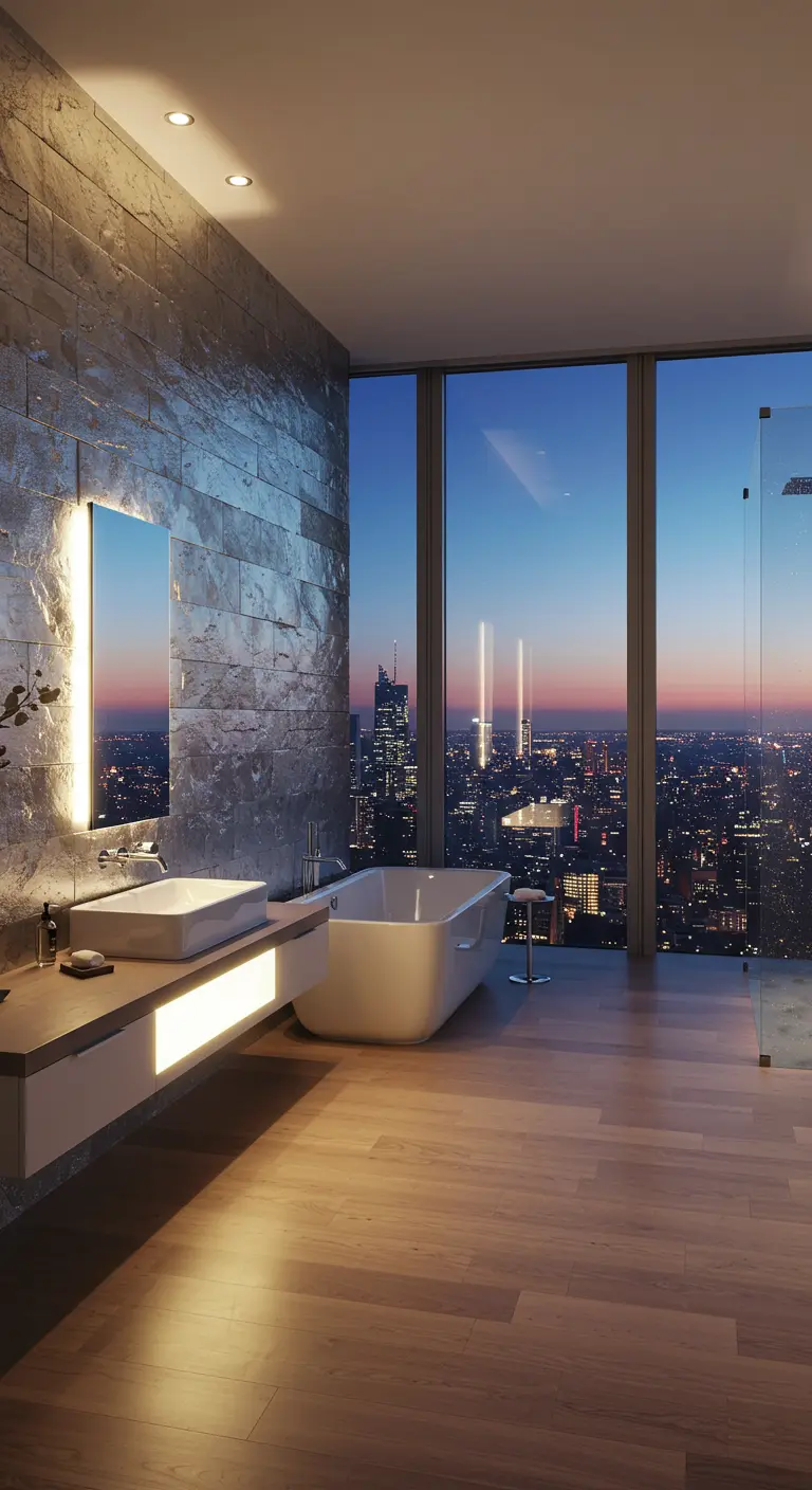 High-rise bathroom with a stone accent wall and a stunning view of the city at dusk.