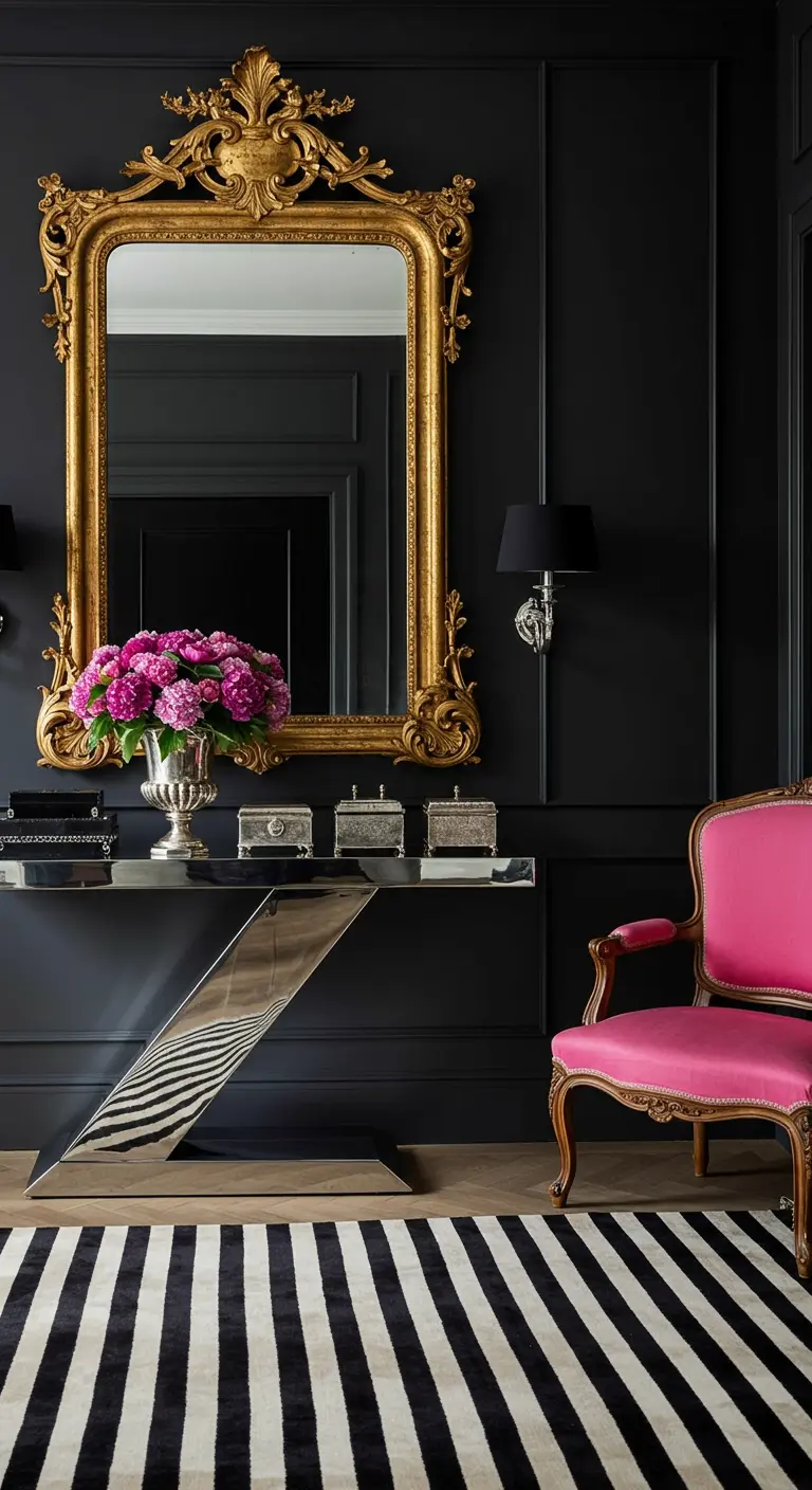 A dramatic entryway with matte black walls, a large ornate gold mirror, and a hot pink chair.