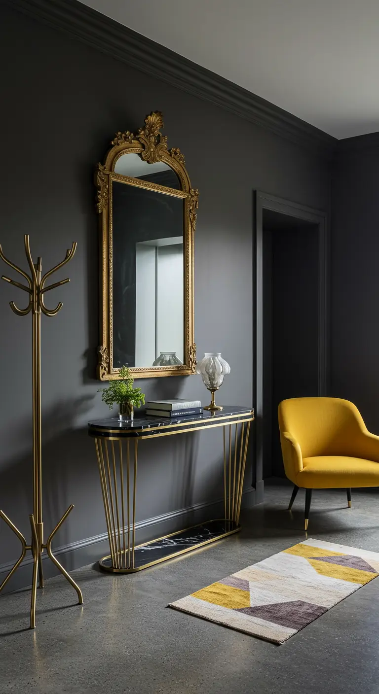 Entryway with charcoal walls, a large ornate gold mirror, and a bright yellow armchair.