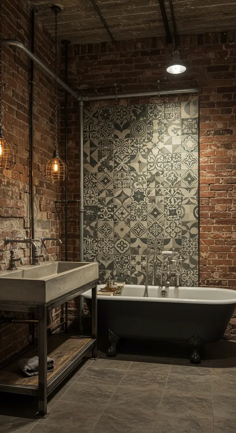 Industrial bathroom with exposed brick, a concrete sink, and a black and white tiled accent wall.