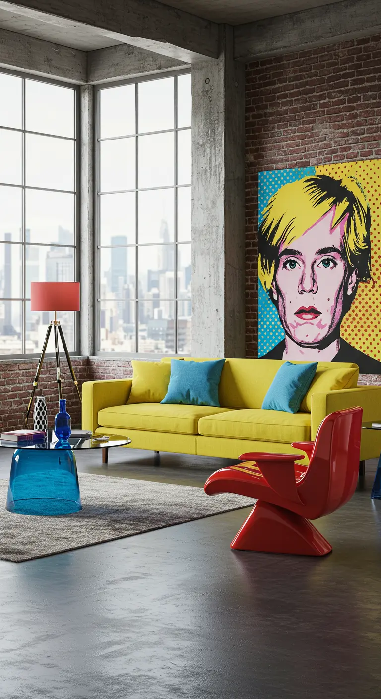 Loft with a yellow sofa and a large Andy Warhol print on an exposed brick wall.