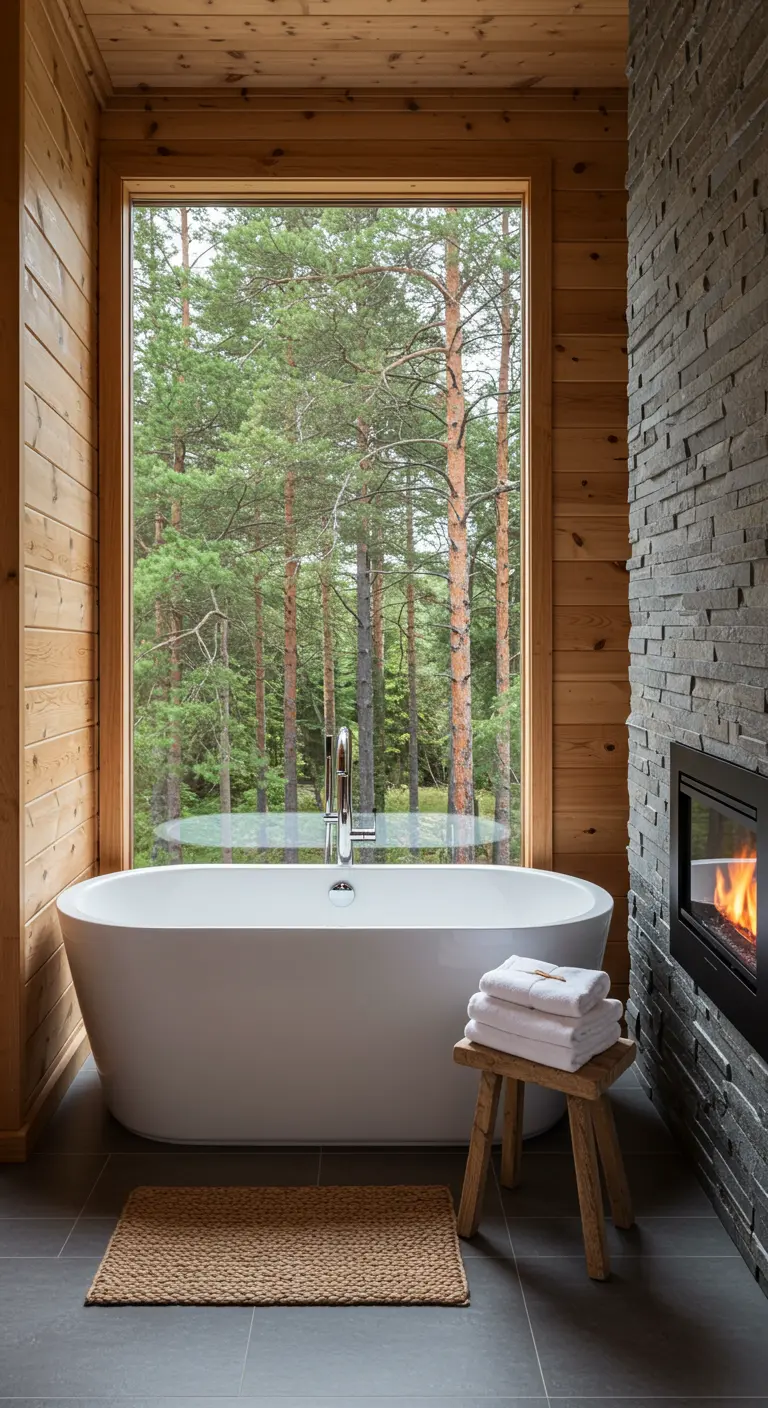 Bathroom with a slate accent wall, freestanding tub, and a large window looking into a forest.