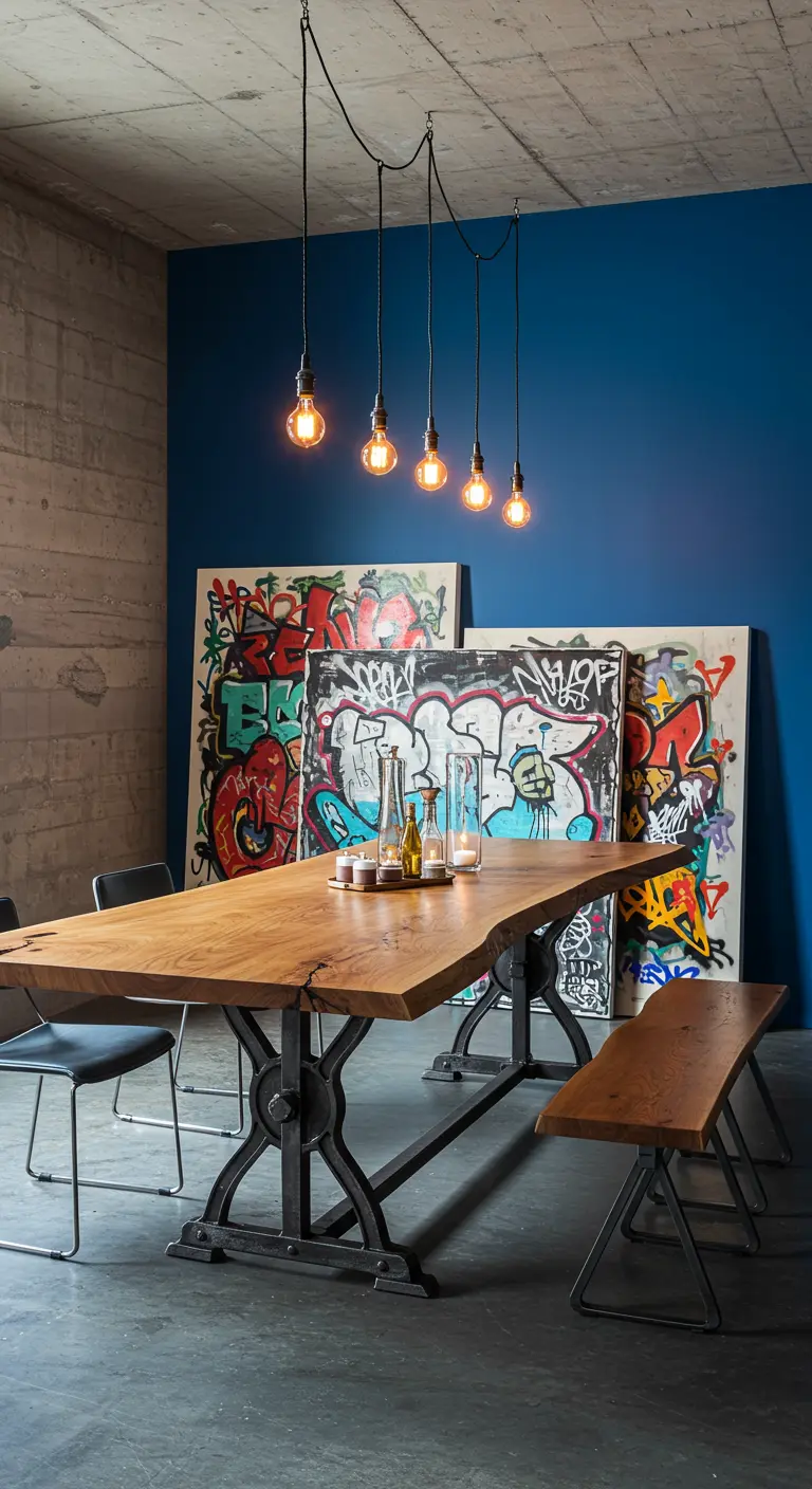 Industrial dining area with a blue wall, graffiti art, and a live-edge wood table.