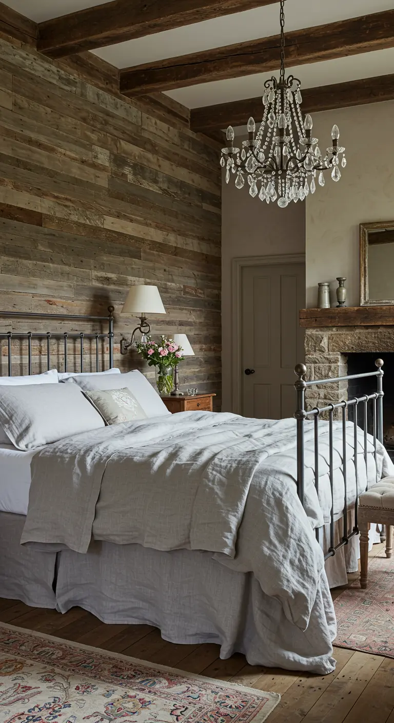 Rustic bedroom with a reclaimed wood wall, iron bed, and an elegant crystal chandelier.