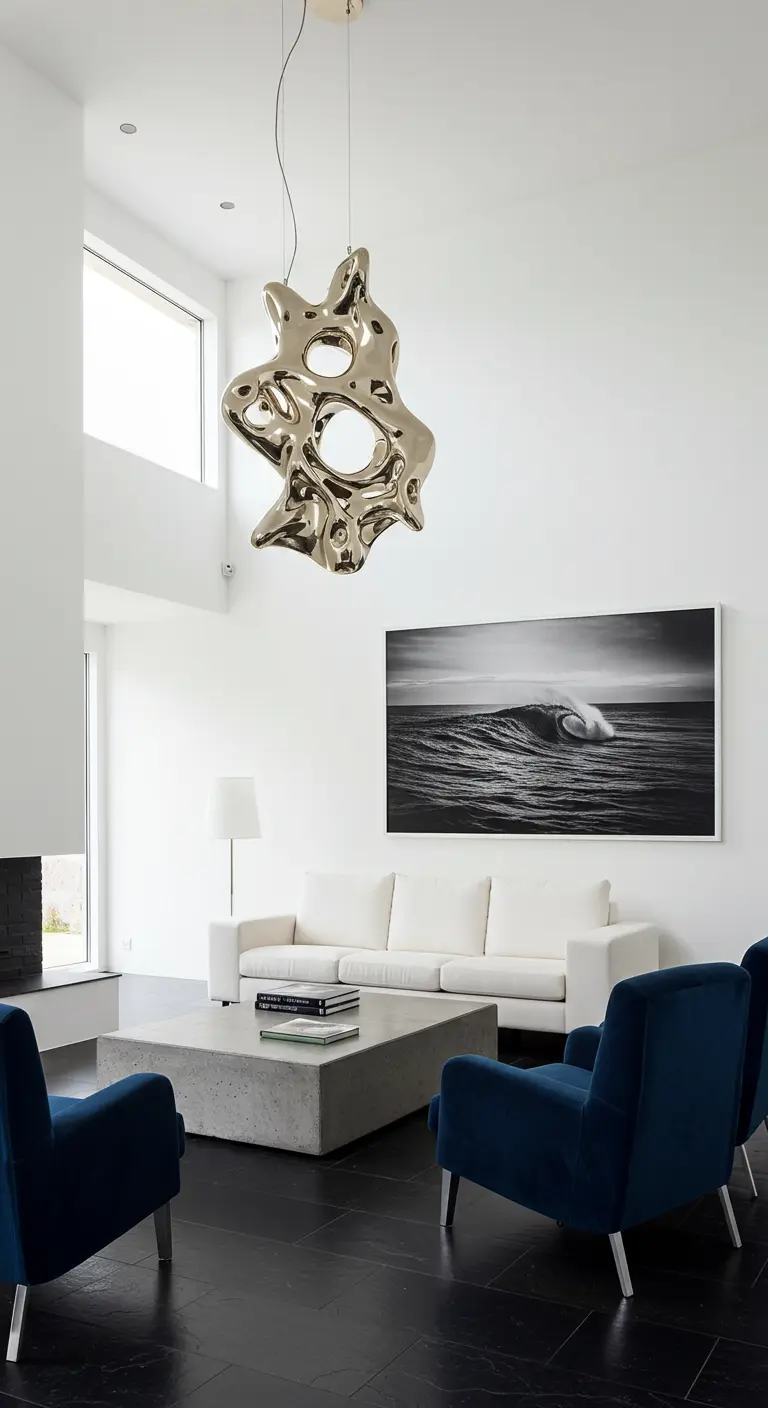 Modern white room with a large sculptural chrome pendant and navy velvet chairs.