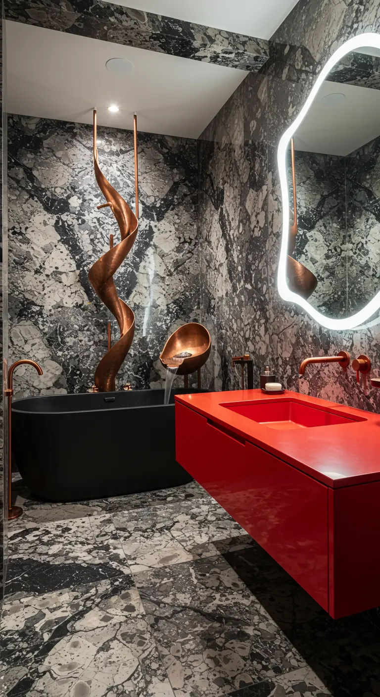 Artistic bathroom with heavily veined marble, a sculptural copper shower, and a bold red vanity.