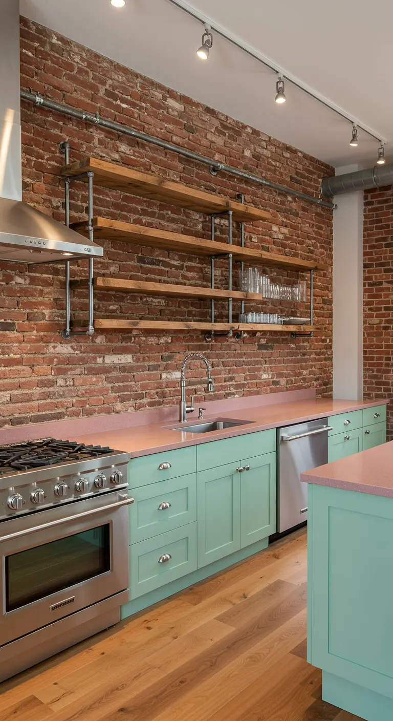 Kitchen with mint cabinets and pink countertops set against an exposed brick wall with pipe shelving.