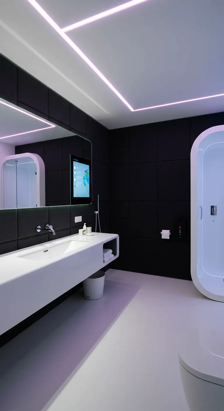 Futuristic bathroom with black padded walls, LED strip lighting, and a smart mirror.