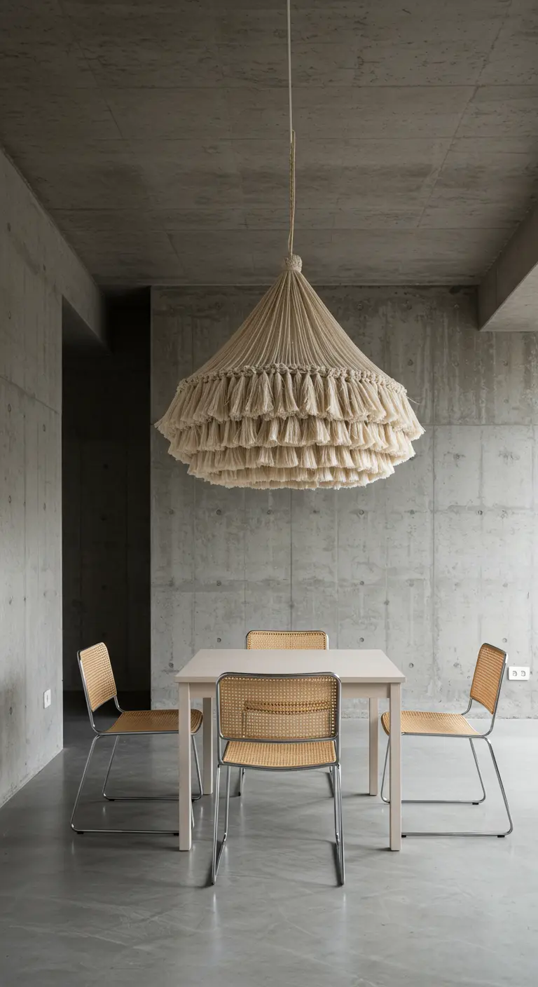 Minimalist dining room with concrete walls and a large, neutral macrame tassel chandelier.
