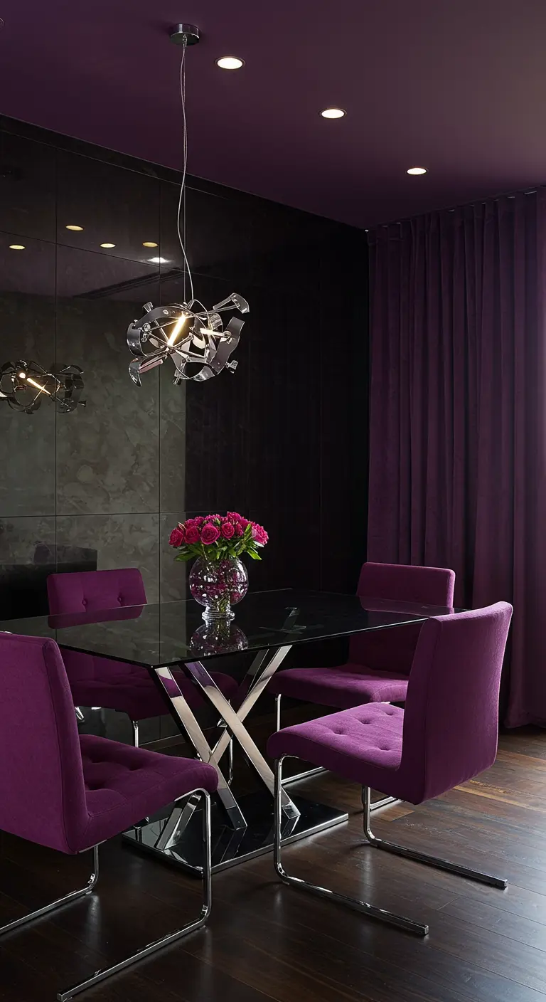 Modern dining room with magenta chairs, a chrome table, and a dark mirrored wall.