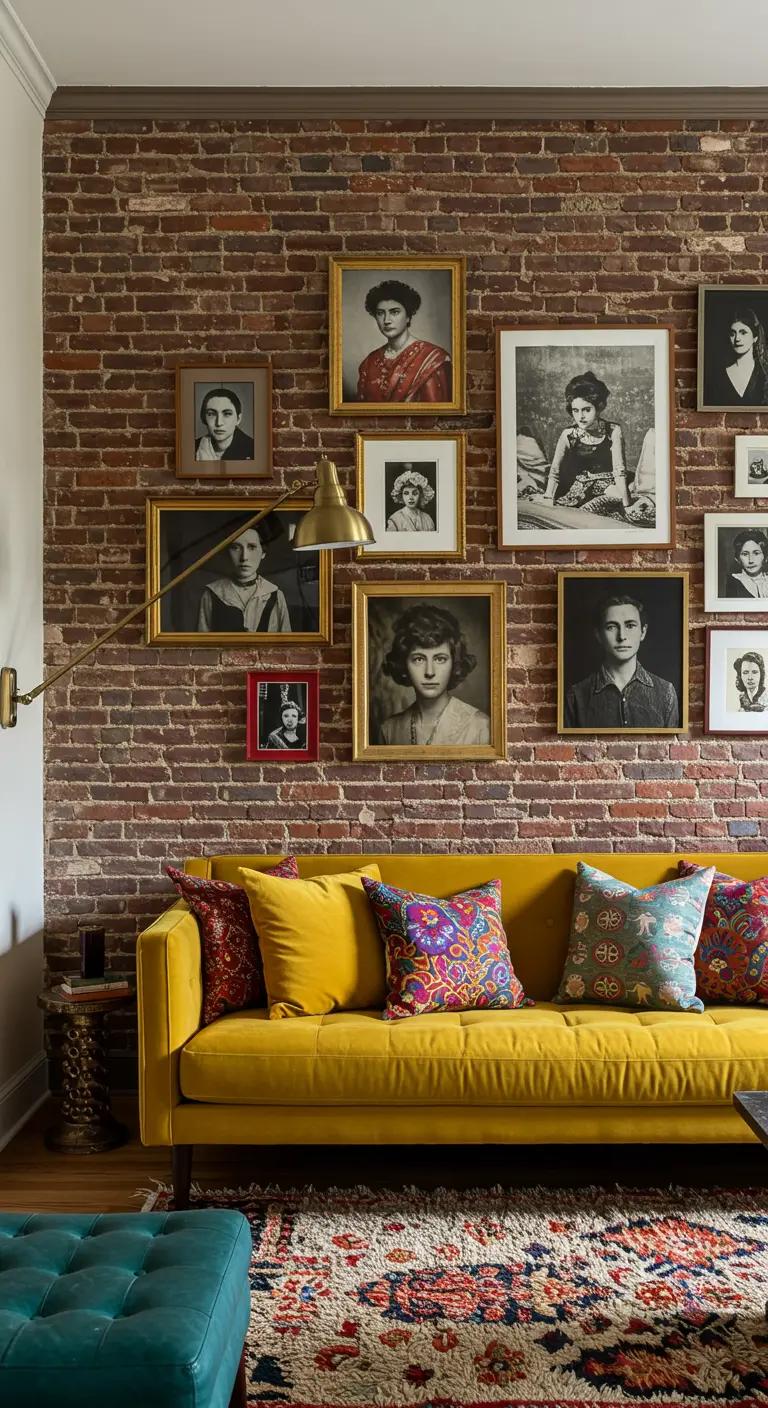 A yellow velvet sofa against an exposed brick wall with a gallery of portraits and a brass floor lamp.