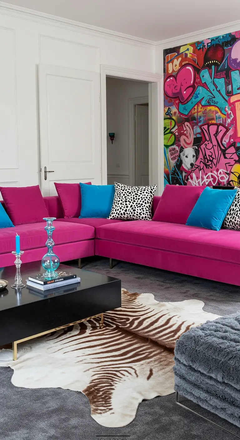 Hot pink sectional and a zebra-print rug in front of a colorful graffiti art wall.