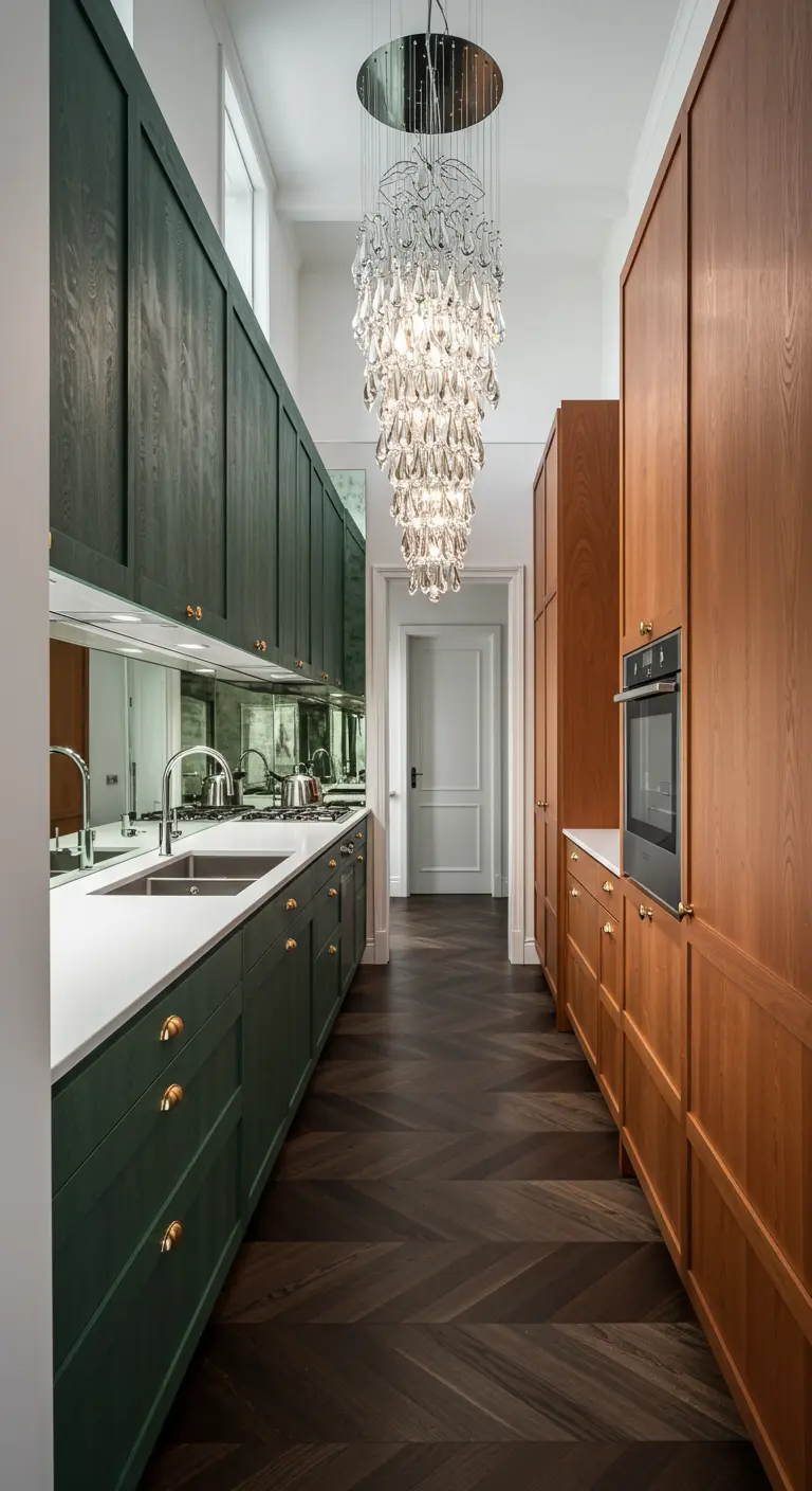 Galley kitchen with dark green cabinets on one side and teak on the other.