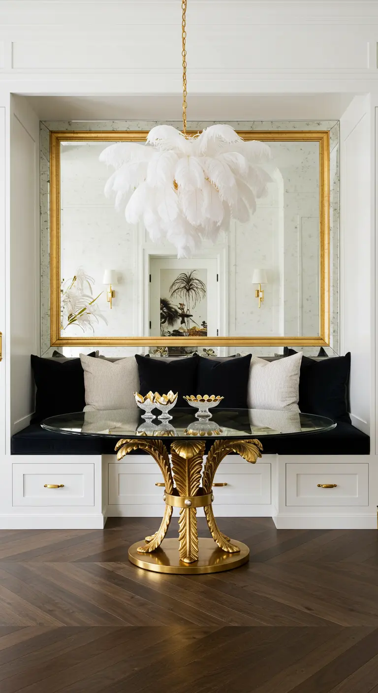 Dining nook with a feather chandelier, a glass table with a gold base, and a built-in banquette.