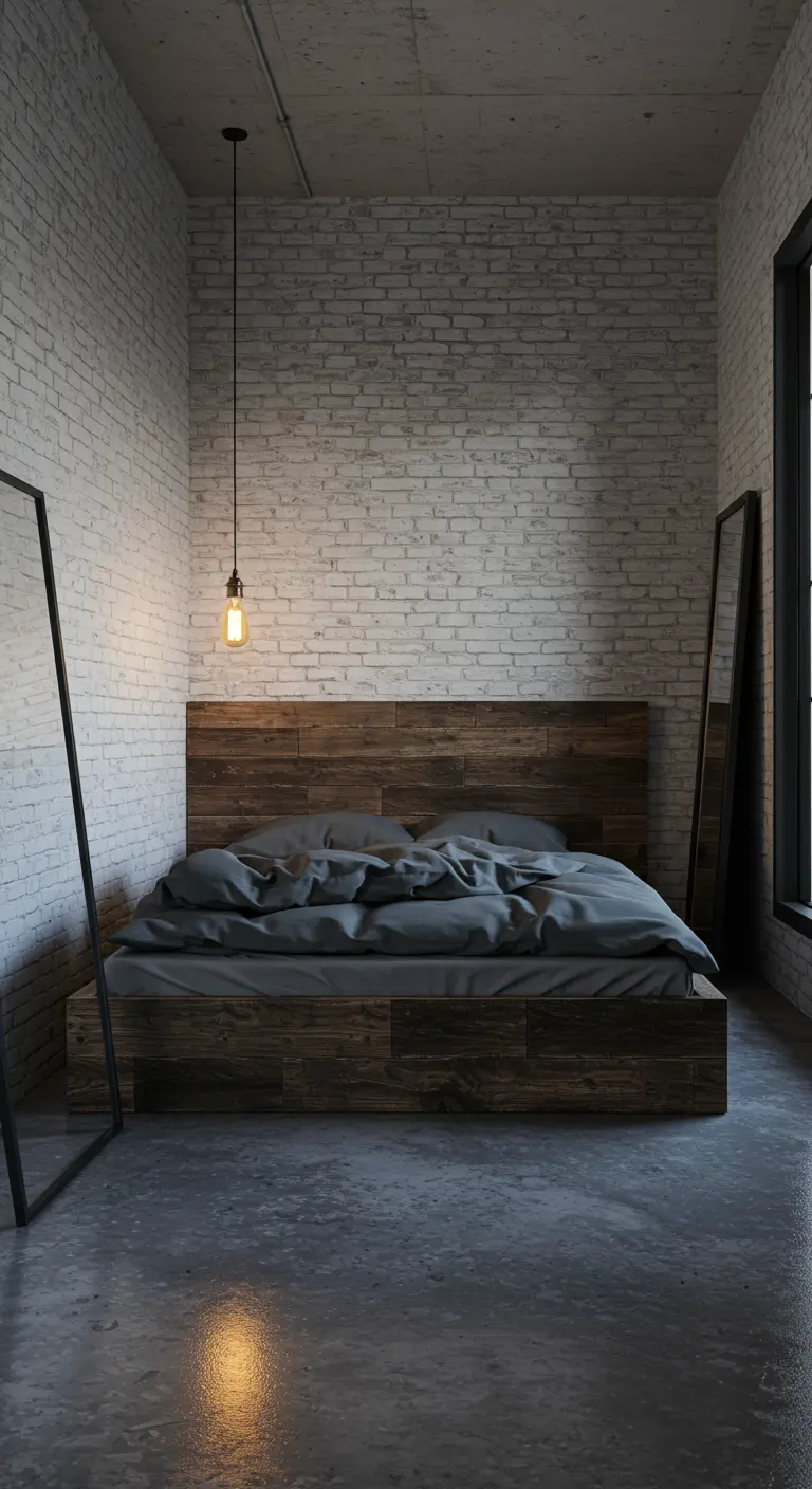 Industrial bedroom with a dark wood platform bed, brick wall, and concrete floors.
