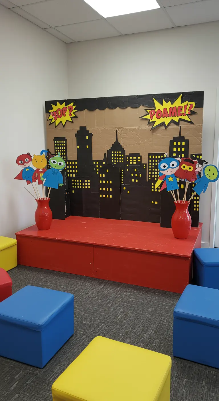 A DIY superhero city backdrop made from cardboard with character puppets in vases.