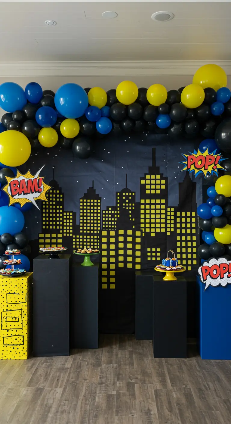 A superhero-themed party backdrop with a balloon garland over a city skyline.