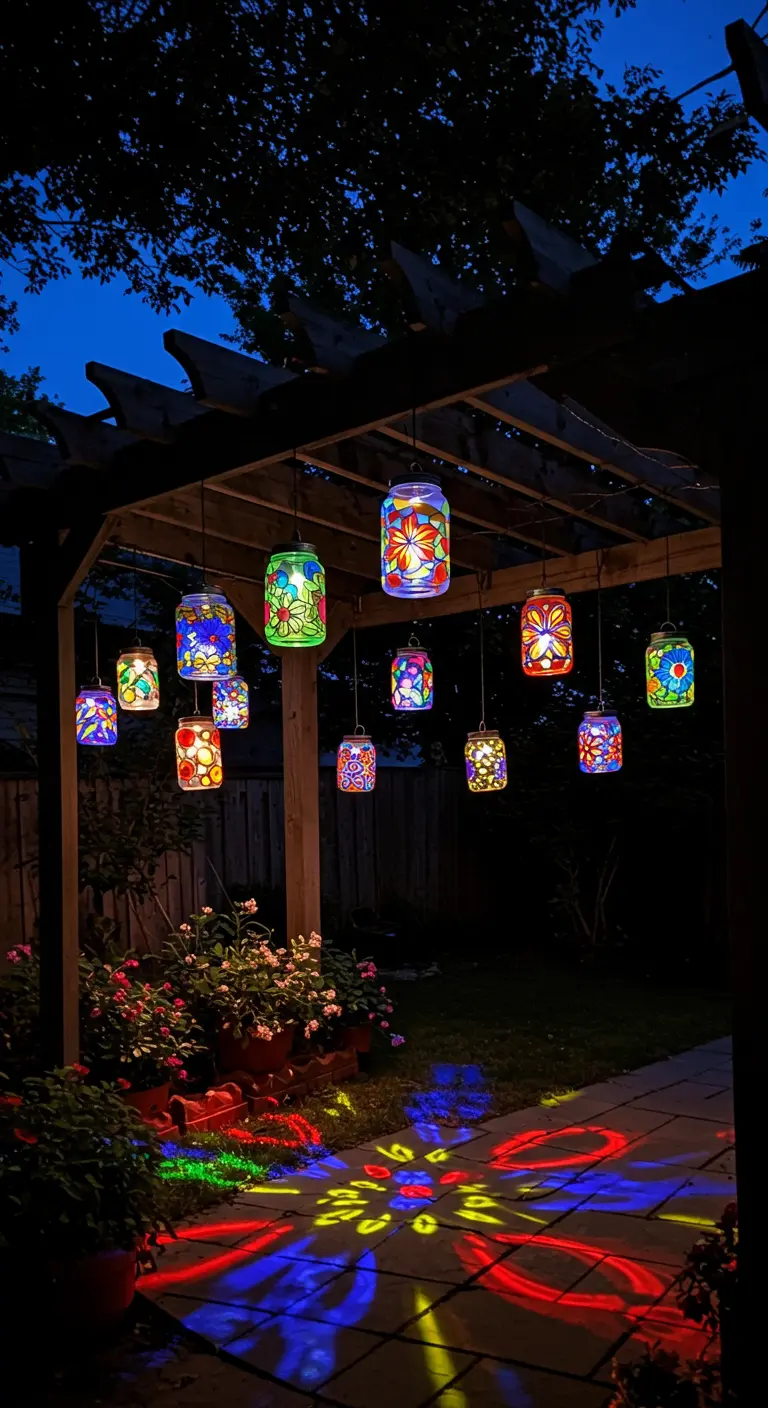 Hand-painted stained-glass solar jars hanging from a pergola, casting colorful patterns.