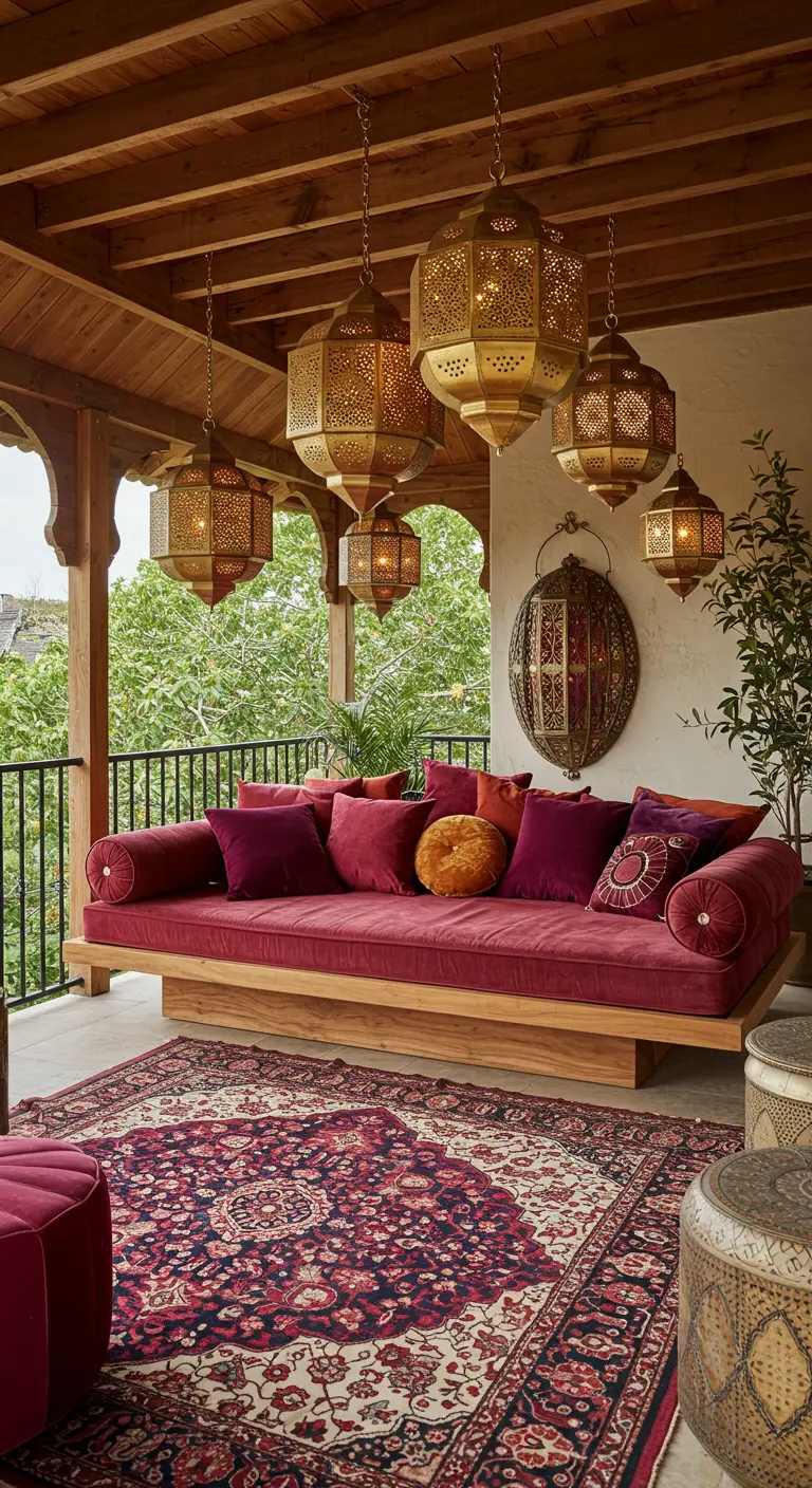 A wooden daybed with rich red and orange velvet pillows under a cluster of hanging Moroccan lanterns.