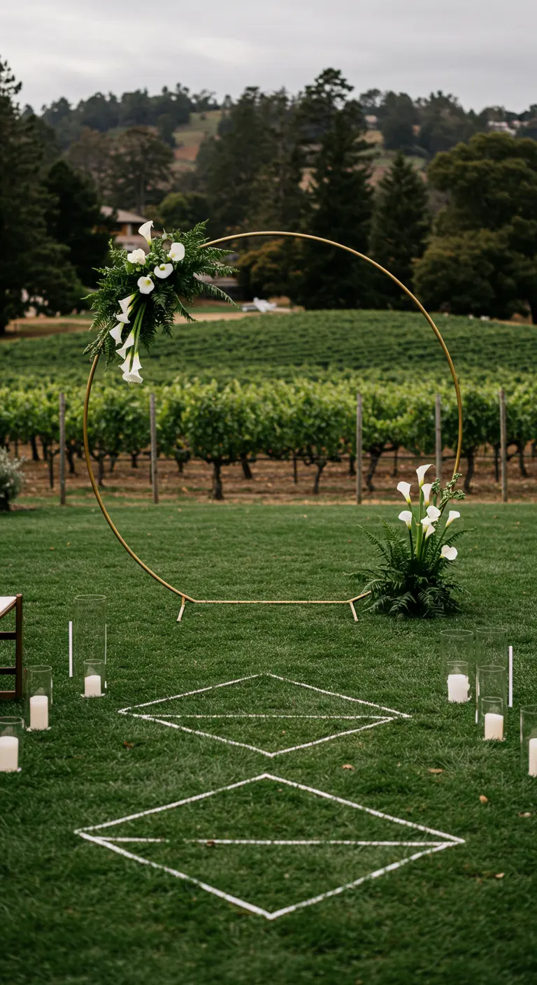 A minimalist gold hoop wedding arch with two white calla lily arrangements in a vineyard setting.