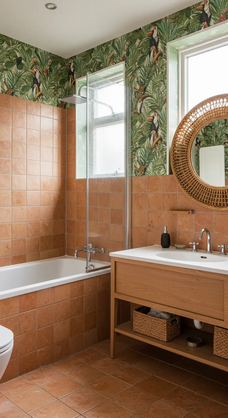 Bathroom with toucan wallpaper, terra-cotta tile, and a light oak vanity.