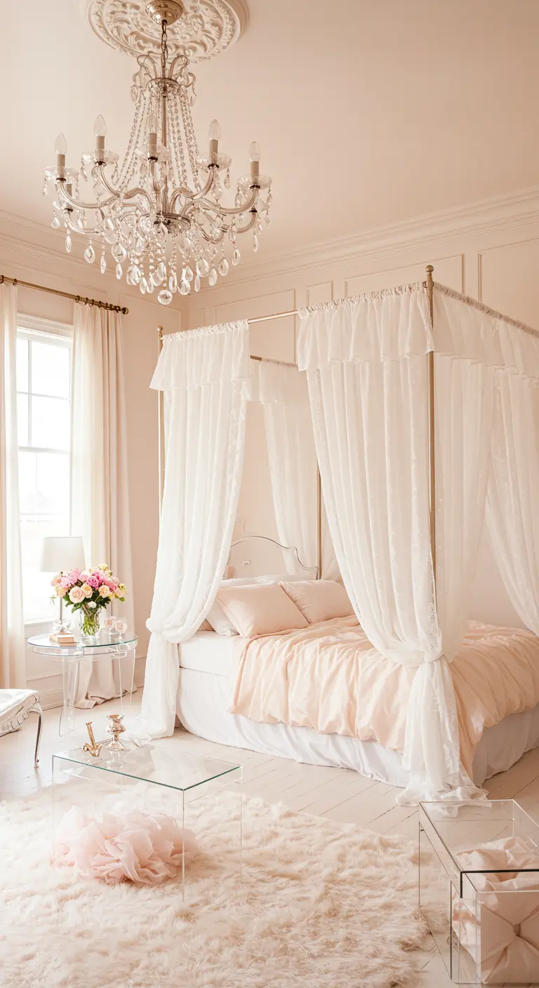 Ethereal bedroom with a canopy bed, shag rug, and transparent acrylic tables.