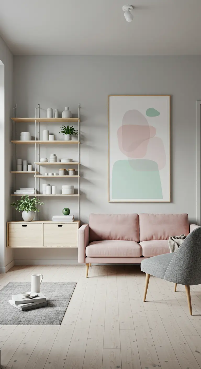 A light wood and metal shelving system with white ceramics above a blush pink sofa.