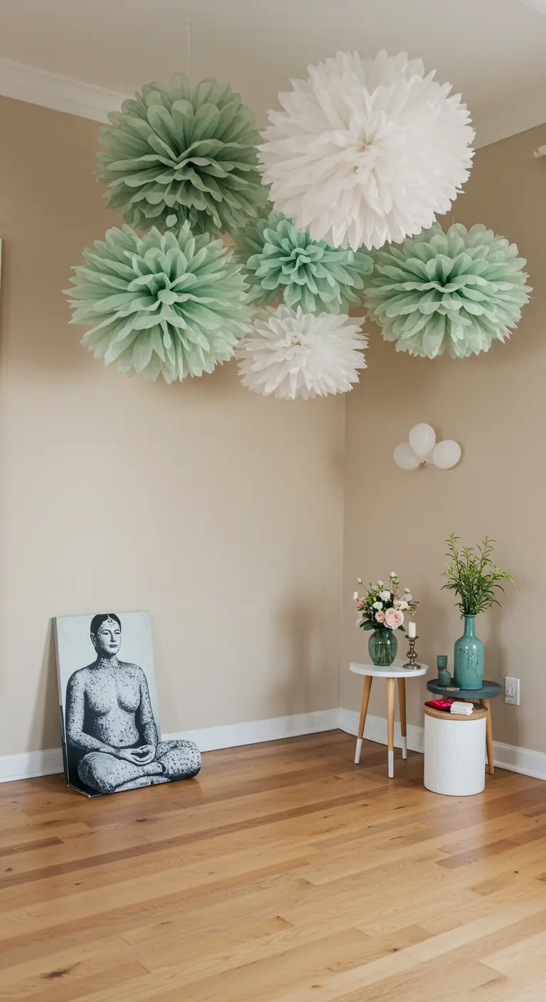 A sparse, elegant cluster of sage green and white pom-poms hanging in a minimalist room.