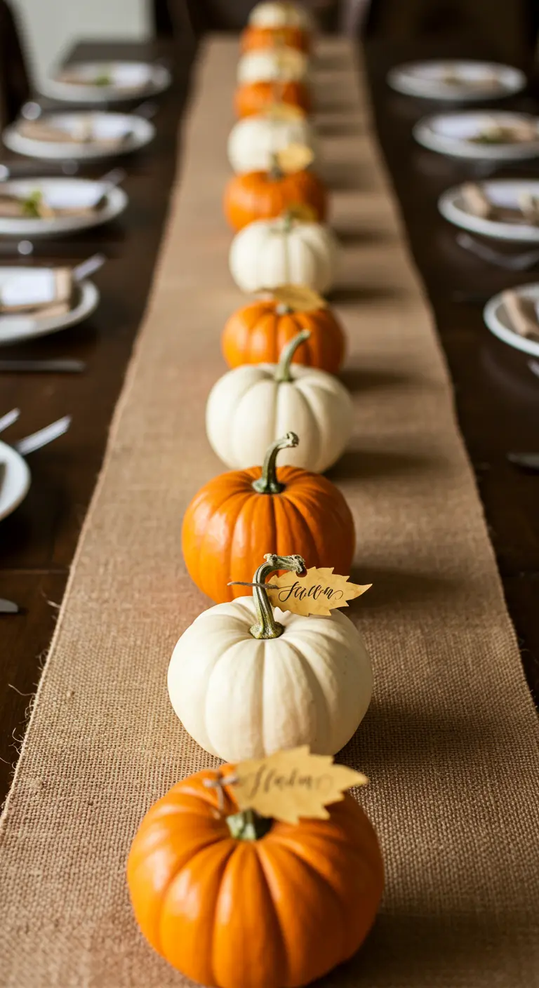 Long table with a burlap runner and a single line of alternating orange and white pumpkins.