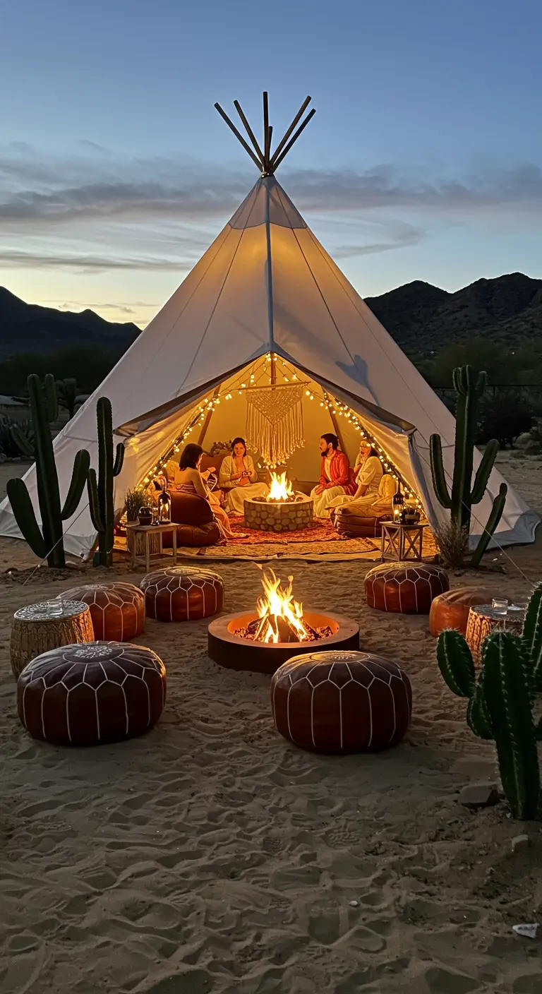 People gathered in a lit teepee at dusk, with a campfire and leather poufs outside.