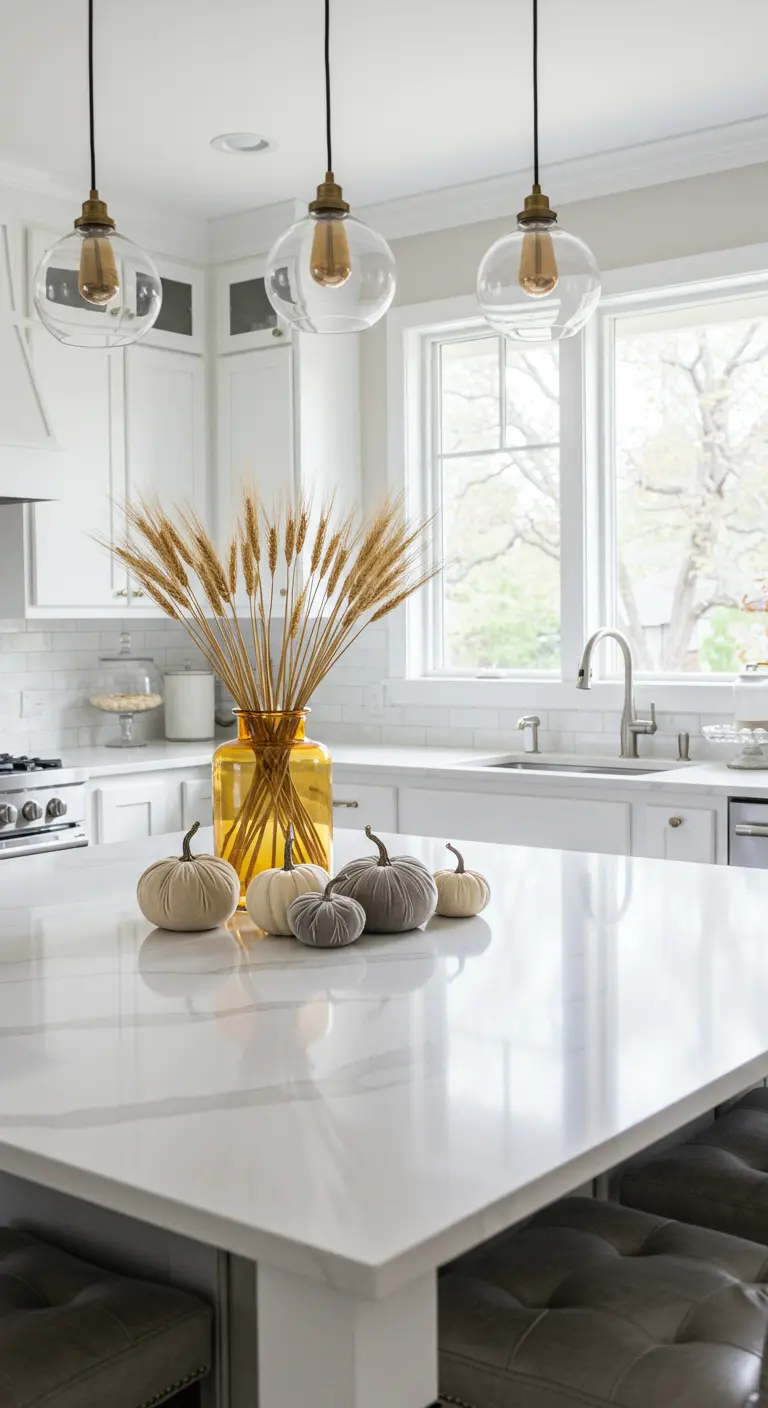 White kitchen island with an amber vase of wheat and pale velvet pumpkins.