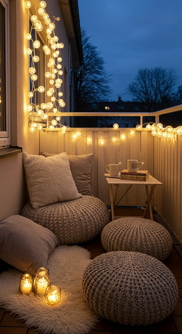 Balcony with chunky knit poufs, a faux fur rug, globe lights, and candles.
