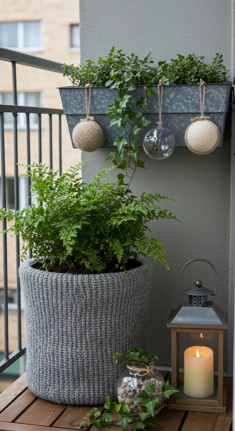 A balcony with a fern in a knitted pot cover and hanging felted wool baubles.