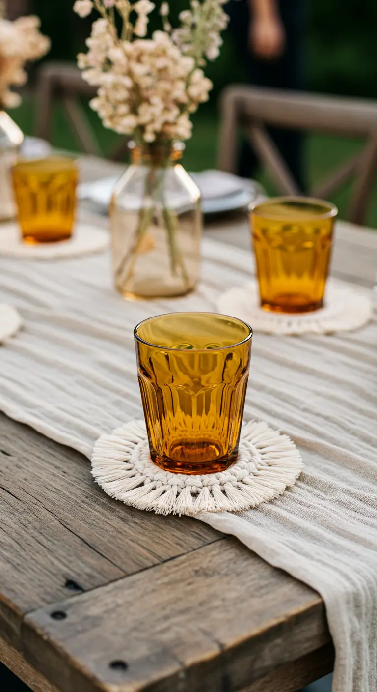 An amber-colored glass sits on a round, handmade white macramé coaster on a wooden table.