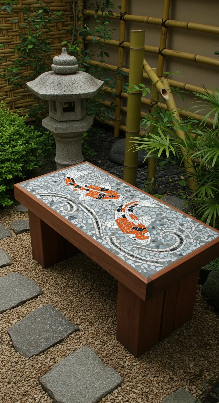 A wooden bench with a detailed mosaic of two orange and white koi fish swimming, placed in a zen garden.