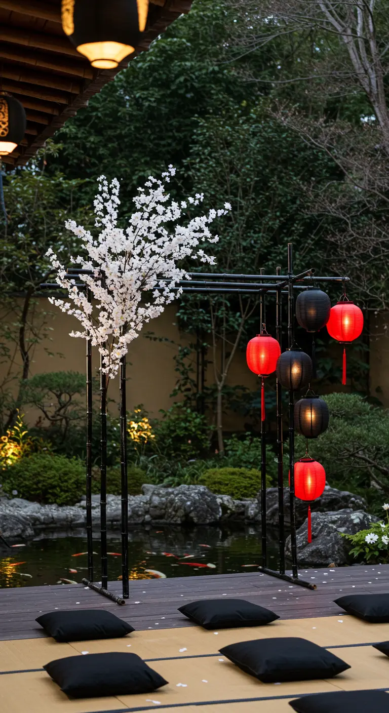 A minimalist black bamboo arch with a cherry blossom branch and hanging red and black lanterns.