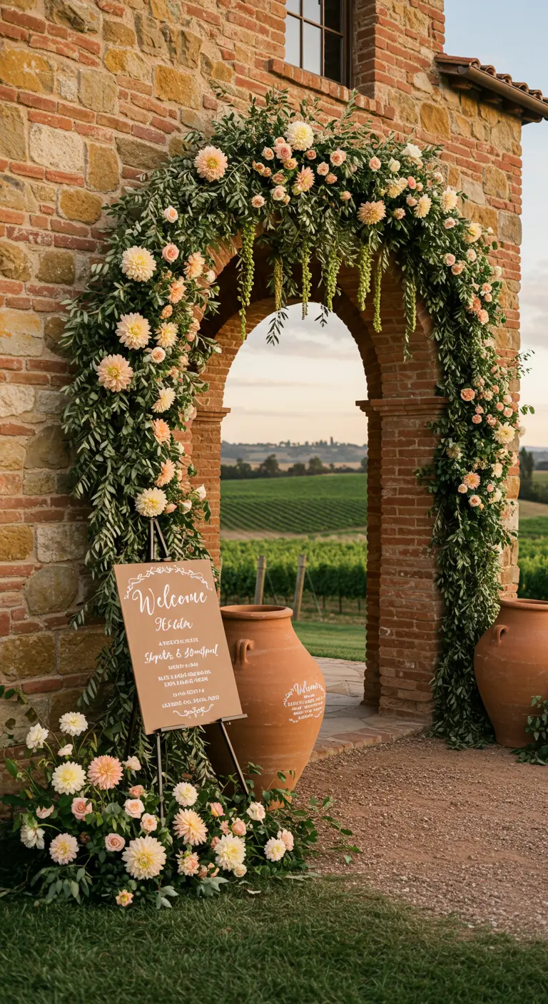 A stone archway in a vineyard covered in lush greenery and peach-colored dahlias.